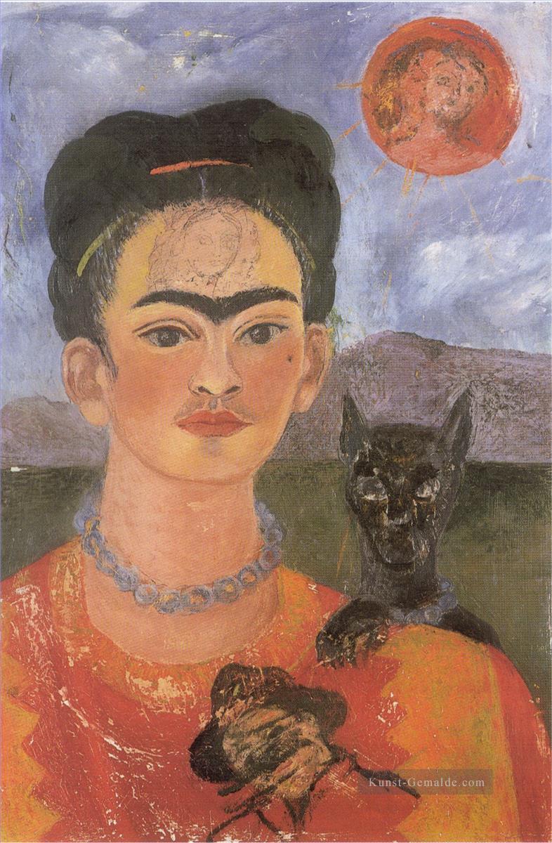 Selbstporträt mit einem Porträt von Diego auf der Brust und Maria zwischen den Augenbrauen Feminismus Frida Kahlo Ölgemälde